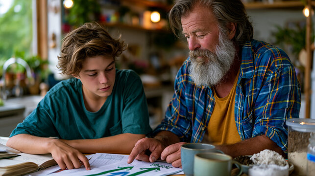 Elderly farmer and teenage grandson examining growth arrow chart on laminated grain yield report at kitchen table, candid unposed moment of generational knowledge transfer, warm indoor farmhouse lig
