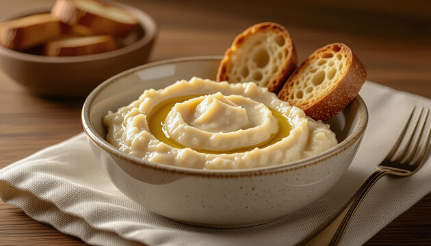 Creamy mashed potatoes drizzled with olive oil in a bowl with breadsticks  