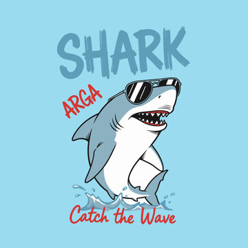 A cartoon shark wearing sunglasses and jumping out of the water on a light blue background with text that reads shark arga catch the wave
