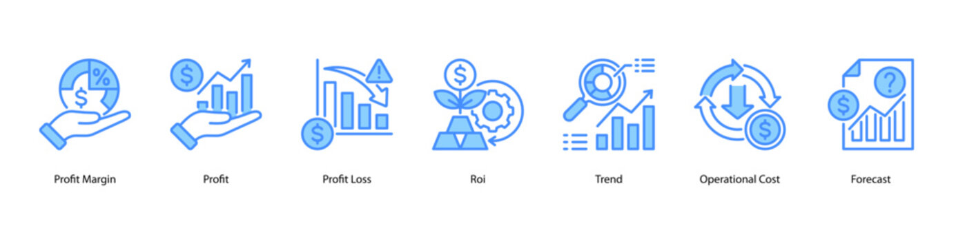 Profit Analysis web banner icon vector illustration featuring Profit Margin, Profit, Profit Loss, ROI, Trend, Operational Cost, and Forecast.