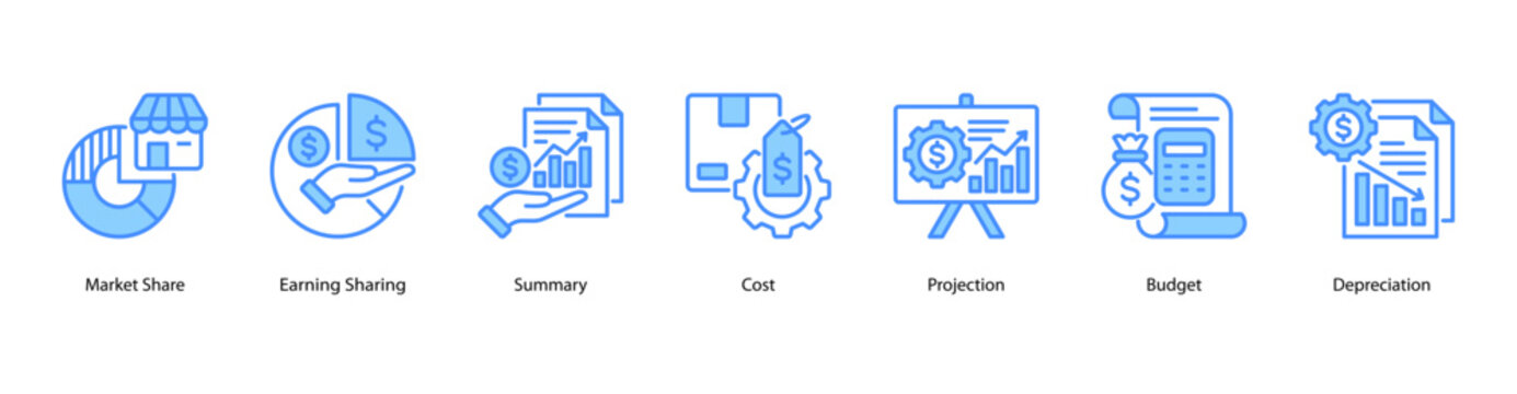 Business Finance web banner icon vector illustration featuring Market Share, Earning Sharing, Summary, Cost, Projection, Budget, and Depreciation.