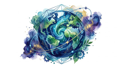 Abstract Watercolor Earth Globe with Geometric Network Connections. © Alisya
