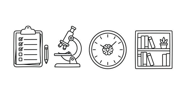 Science and research icons featuring clipboard microscope brain clock and library bookshelf.