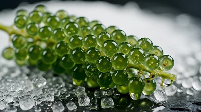 Closeup of Sea Grapes being washed with water on ice.