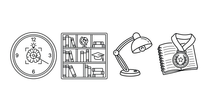 Study environment icons with brain clock library shelf desk lamp and notebook medal award.