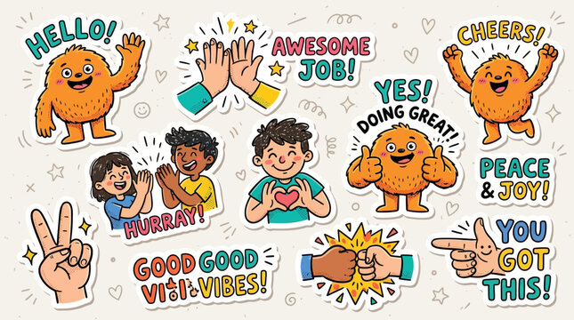 Collection of cartoon-style motivational stickers featuring fun characters, positive messages, and hand gestures like high-fives and peace signs