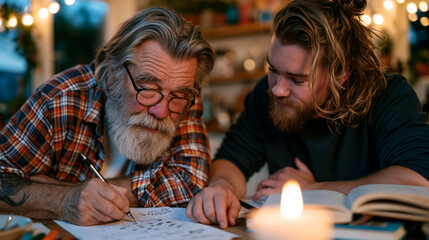 Fototapeta premium Retired professor and adult grandchild solving crossword puzzle together by candlelit kitchen table, problem solution dynamic, warm indoor atmosphere, multigenerational family unit sharing quiet eve