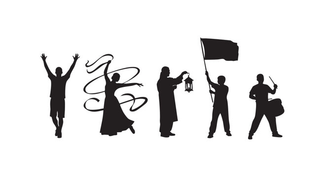 Creative performance silhouettes including gymnast with ribbon man holding flag traditional lantern bearer and drummer boy.
