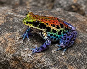 Obraz premium A vibrant multicolored poison dart frog resting on a textured rock surface in a natural environment. The close-up wildlife photograph highlights the frog’s striking rainbow skin patterns, vivid blue 