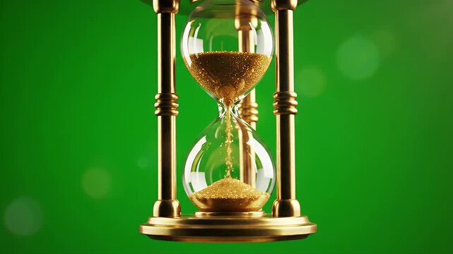 Reversing Hourglass Animation on Green Screen - The video features a 3D animation of a floating hourglass with golden sand, captured in a moment of reversing time.