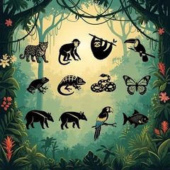 Colorful abstract illustration of jungle animals and plants. © Sodik