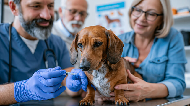 Veterinarian in clinic scrubs carefully drawing insulin dose into small syringe while owner holds diabetic dachshund steady on exam table, educational poster about canine diabetes visible on wall be