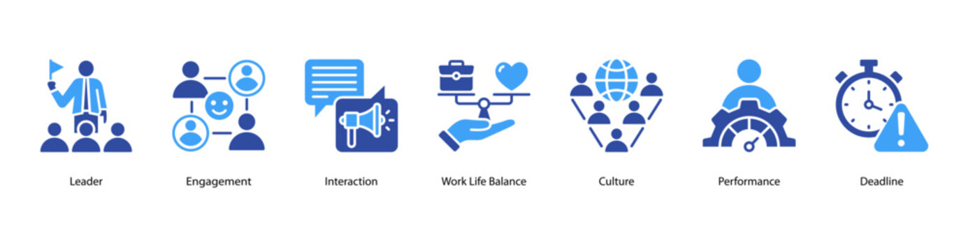 Workplace Culture web banner icon vector illustration featuring Leader, Engagement, Interaction, Work Life Balance, Culture, Performance, and Deadline.