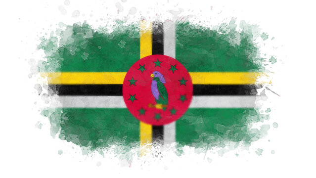 A vibrant watercolor interpretation of the flag of Dominica, featuring green, yellow, and black colors with a central red disc containing a parrot.