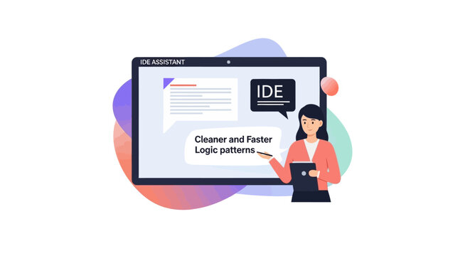 Woman Programmer Using AI Powered IDE Assistant for Cleaner and Faster Code Logic