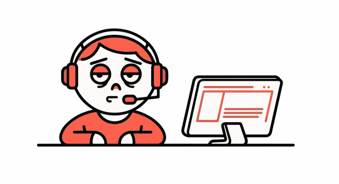 Cartoon skeleton using headset at computer terminal.