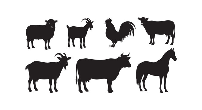 Farm animal silhouette collection featuring sheep goat rooster cow and horse isolated on white background for design work.