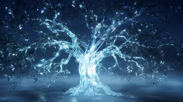Slow pan tracking motion of glowing translucent tree swaying and reflecting light in foggy water meadow at night