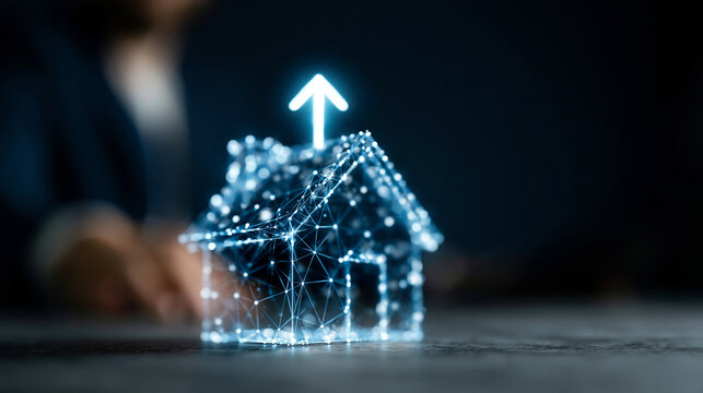 Futuristic neon blue holographic wireframe house with small upward arrow emerging from rooftop, real estate investment concept, low poly polygon mesh transparent geometric lines, s