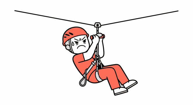 Cartoon character nervous on zip line adventure outdoors.