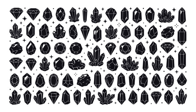 Collection of transparent vector crystal and gemstone silhouettes on checkered background for design elements.