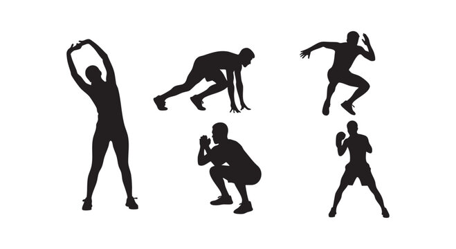 Fitness training silhouettes depicting various exercises including stretching running squats and boxing illustration.