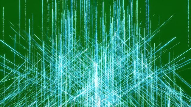 Futuristic Data Stream on Green Background - A digital visualization featuring bright, vertical lines of light resembling computer data streams on a green chroma key background.