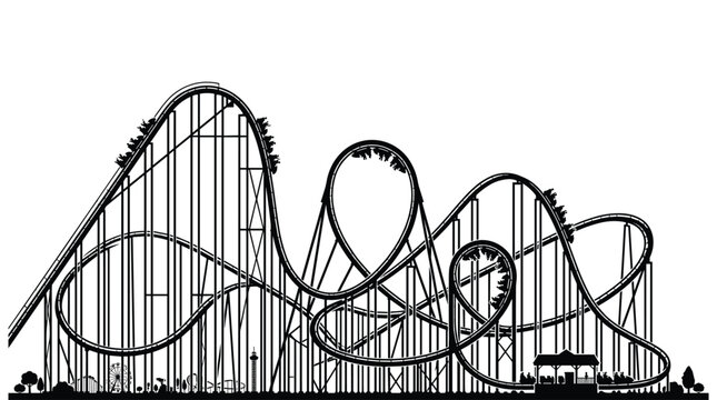 Roller coaster silhouette vector illustration black outline amusement park ride extreme sports recreation detailed track loops and cars.
