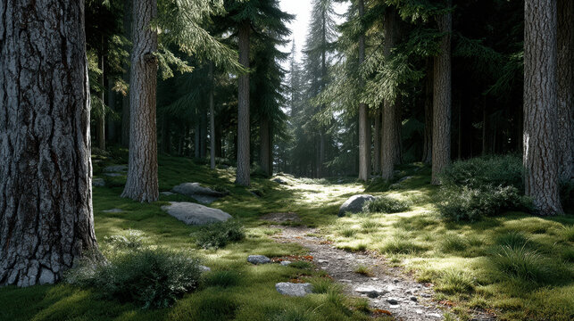 Sunlight filters through tall pine tree, casting shadow on mossy ground and rocky path in peaceful forest landscape