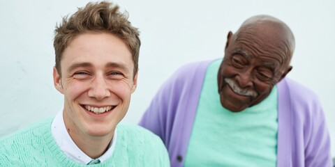 Obraz premium Young man smiling with older man standing against plain backdrop