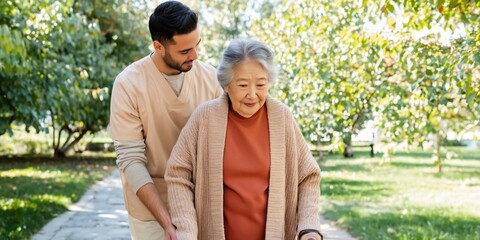 Fototapeta premium Man assisting elderly woman walking along park pathway