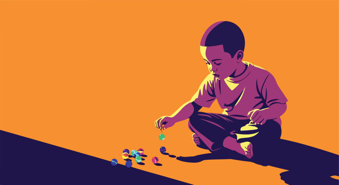 Young child playing with colorful marbles on an orange background