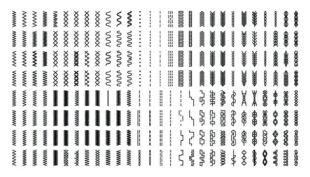 Large collection of diverse sewing machine stitch patterns in vector format on transparent background.