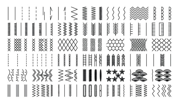 Collection of sewing machine stitches and decorative borders on transparent background, vector.