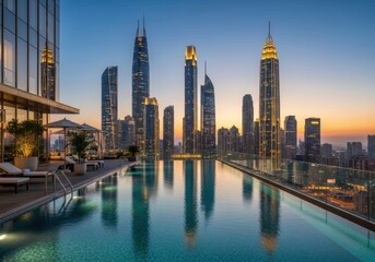 Fototapeta premium Luxury Rooftop Infinity Pool with Stunning City Skyline View at Sunset, Modern Urban Architecture and Lifestyle