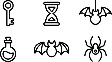 Halloween vector icon set featuring line art of spooky bats a creepy spider old key sand hourglass and magic potion. © Sumaiya