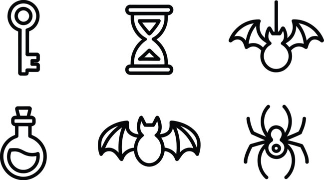 Halloween vector icon set featuring line art of spooky bats a creepy spider old key sand hourglass and magic potion.