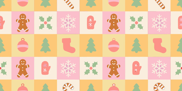 Christmas ornament pattern with gingerbread men snowflakes and winter accessories