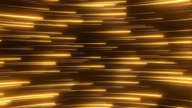 Fast horizontal golden light trails on black background, futuristic data stream speed, seamless loop　黒背景に水平に高速で流れる金色の光のライン、未来的なデータストリームの速度、シームレスループ　フルHD 4K