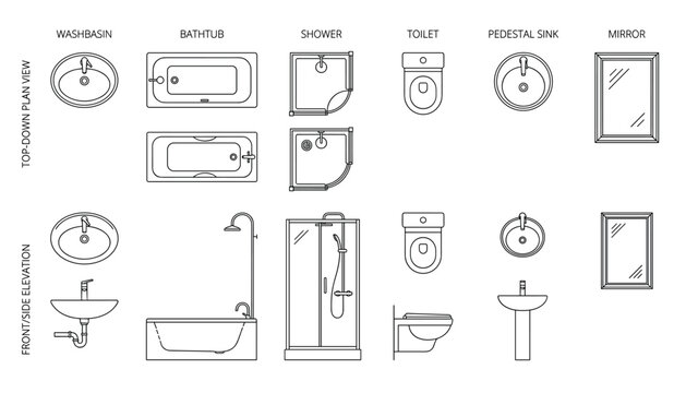 Bathroom sanitary ware top down and front side elevation view including washbasin bathtub shower toilet vector.