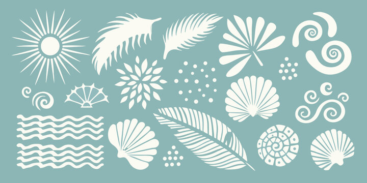 Beach Elements Illustration Sun Shells Palm Leaves And Waves Pattern