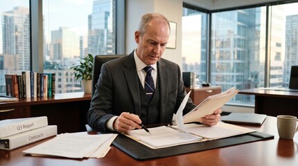 Plakat Businessman in office working on documents with city view