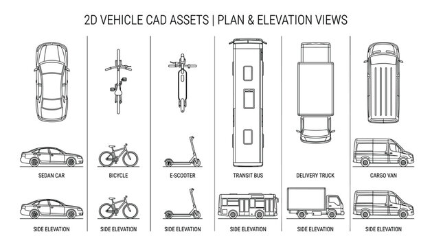 2d vehicle cad assets plan and elevation views sedan car bicycle e scooter transit bus.