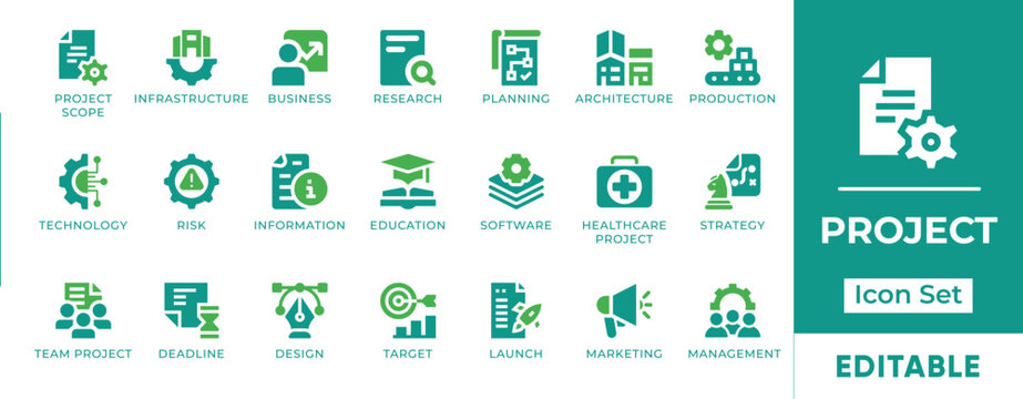 Project Management Business Plan Risk Assessment Team Strategy Vector Icon Set