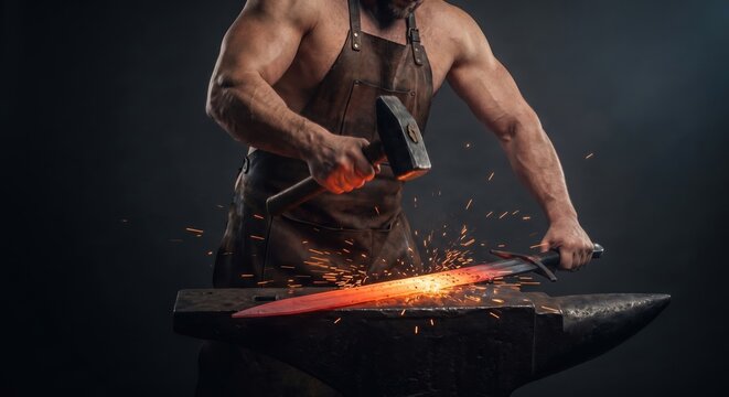 Medieval blacksmith hammering a red-hot glowing sword on an anvil
