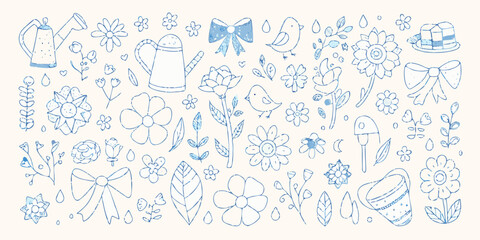 Obraz premium Floral ornament with watering cans and birds blue line art illustration