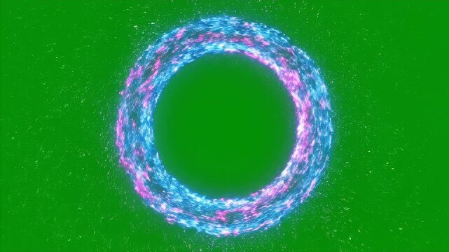 Spinning Neon Particle Ring on Green Screen - A vibrant neon ring composed of swirling pink and blue particles, set against a bright chroma key green background.