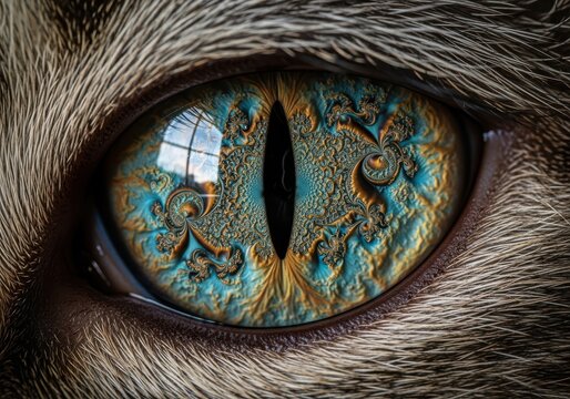 Macro Close-up of a Feline Eye with Intricate Fractal Iris Pattern and Vertical Pupil in Teal and Gold