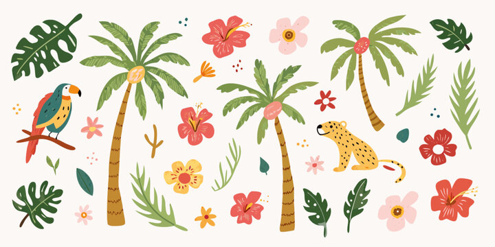 Tropical Floral Ornament With Palm Trees And Toucan Vector Illustration