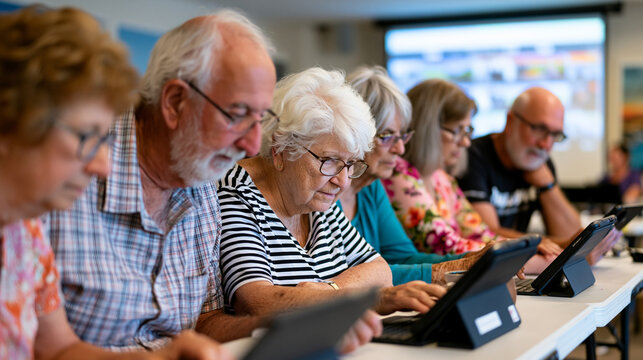 Retirement village technology workshop in progress, volunteer instructor helping five seniors set up video calling on tablets, participants aged sixty-six to eighty-three leaning toward screens with